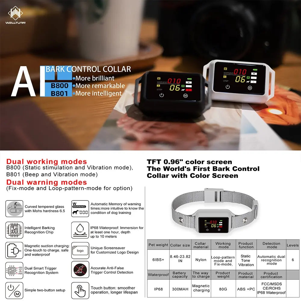 Touch Screen Rechargeable Bark Control Collar with Shock & Vibration