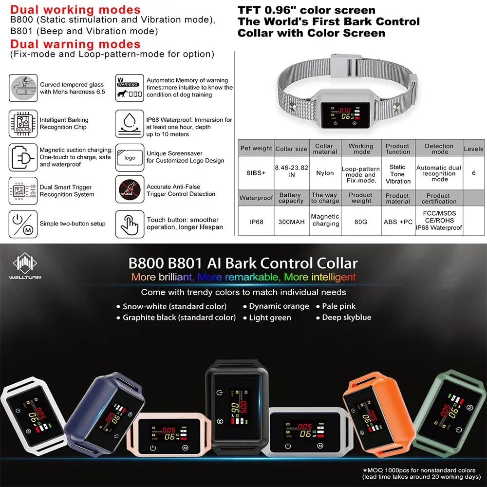 Touch Screen Rechargeable Bark Control Collar with Shock & Vibration